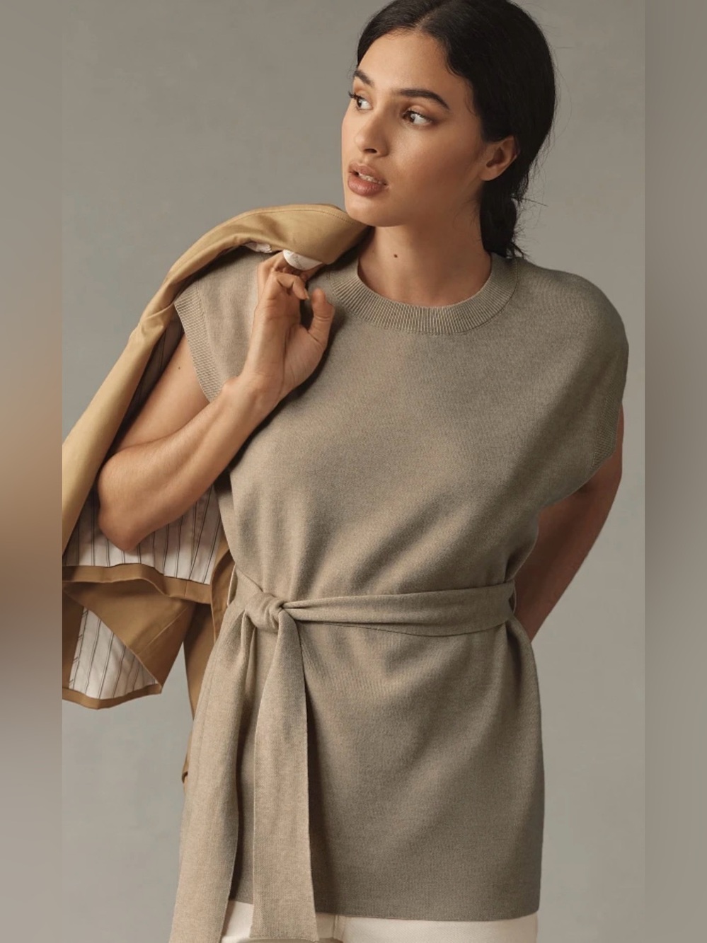 Anthropologie Maeve Taupe Sleeveless Knit Belted Sweater sz Small NWT